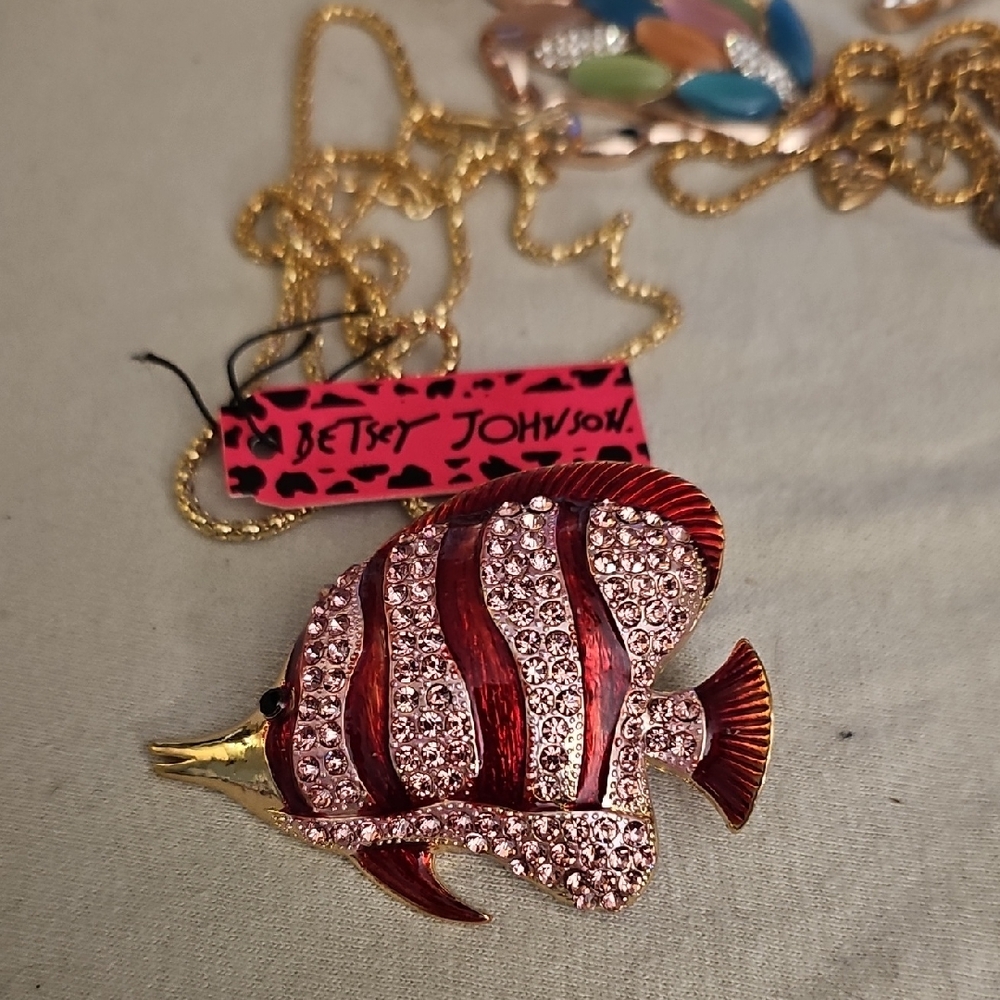 Betsey Johnson Sparkling Red and Gold Fish Necklace And Brooch NEW LG